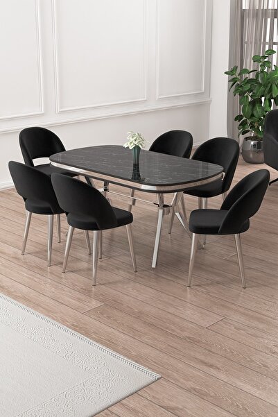 Canisa Jita Serisi 90x168 Lak Panel Siyah Mermer Krom Ayak Masa Takımı ve 6 Siyah Sandalye