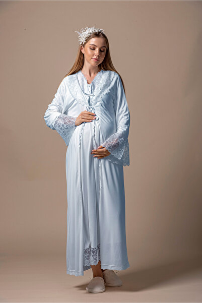 ByLohusa Effortt Mavi Sabahlıklı Hamile Lohusa Gecelik Takım