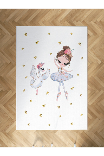 BAMBAŞKA MODA BEBEK VE ÇOCUK ODASI Balerin Kız ve Kuğu Desenli Halı BÇH-8170