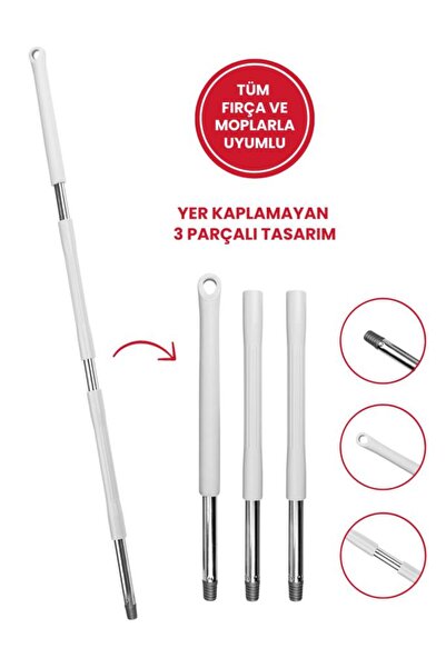 Flora Tüm Vidalı Fırça Ve Temizlik Gereçleriyle Uyumlu Mop Sapı, 3 Parçalı, Çok Amaçlı, Ayrılabilir Beyaz