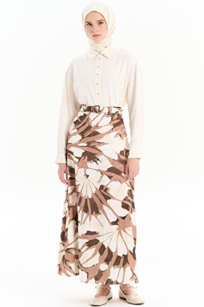 Tuğba Kemerli Desenli Godeli Etek - Kahve