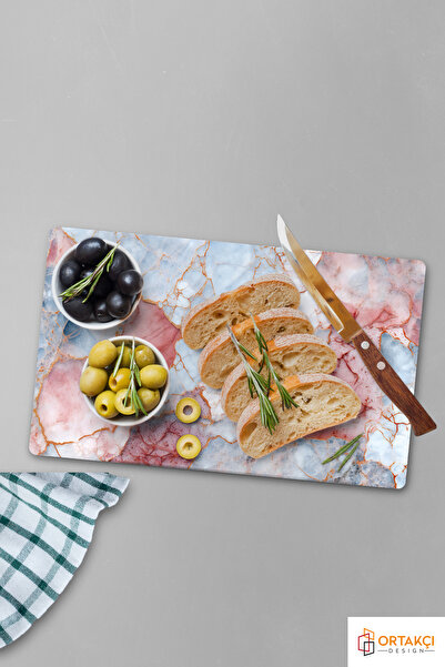 Ortakçı Design Pembe Mermer Desenli | Temperli Cam Kesme Tahtası - Cam Kesme Tablası 20*30 Cm