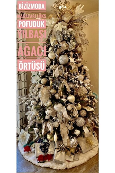 bizizmoda Yılbaşı Çam Ağacı Örtüsü 100 Cm Yuvarlak Beyaz Pofuduk Lüks