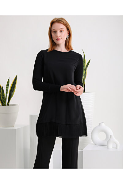 Melisa Boutique By Selma Özkan Uzun Kollu İçi Penye Önü Tüllü Pilesili Siyah ...