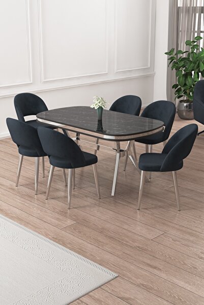 Canisa Jita Serisi 90x168 Lak Panel Siyah Mermer Krom Ayak Masa Takımı ve 6 A...