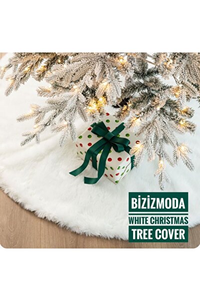bizizmoda Yılbaşı Çam Ağacı Örtüsü 100 Cm Yuvarlak Beyaz Pofuduk Lüks