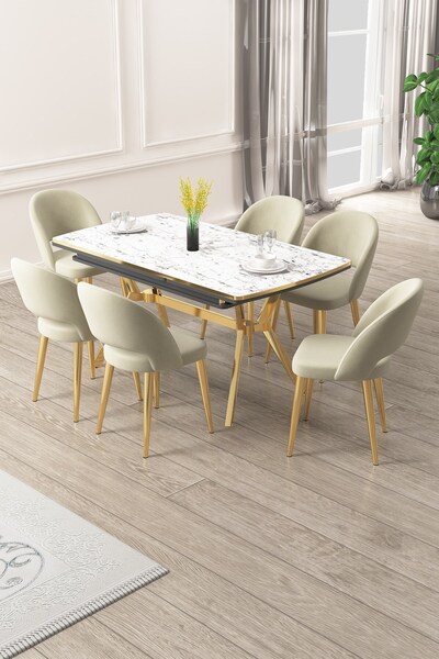 Canisa Weps Serisi 89x150 Açılabilir Lak Panel Beyaz Mermer Gold Ayak Masa Ta...