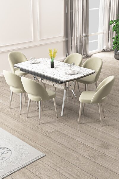 Canisa Weps Serisi 89x150 Açılabilir Lak Panel Beyaz Mermer Krom Ayak Masa Ta...