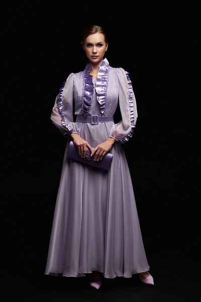 İnce Long Chiffon Evening Dress with Neckline Embroidery and Ruffle Detail Plus Size Gown