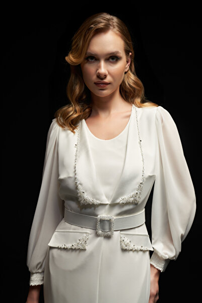 İnce Yaka ve Cep İşleme detaylı Uzun Abiye Şifon Büyük Beden Elbise