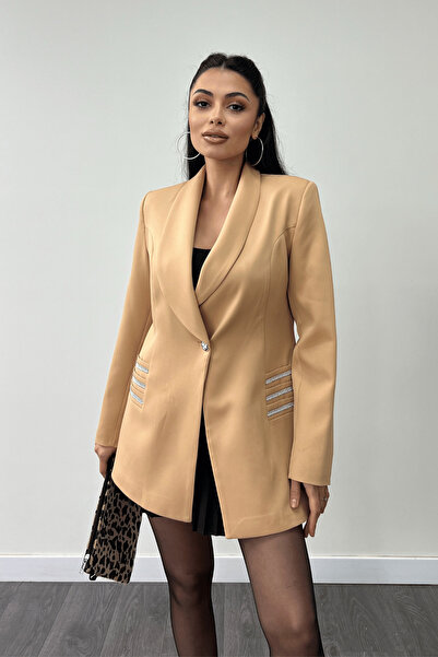 giyimmasalı Camel Double Fabric Stone Detailed Jacket