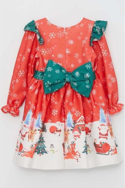 Riccotarz Girls' Red Christmas Dress with Ruffled Shoulders Deer and Snowflake Print