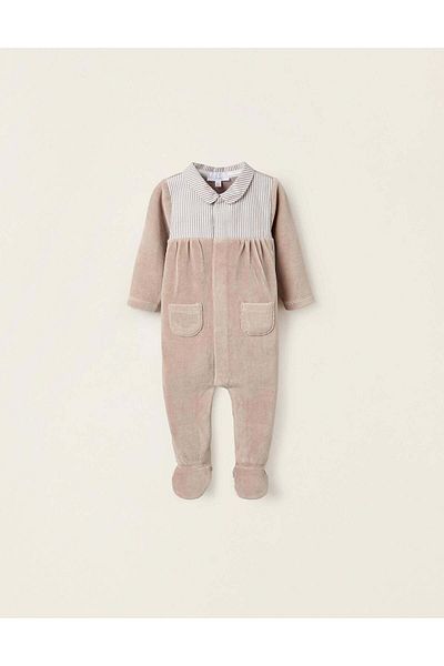 Ziddy VELOUR STRIPED SLEEPSUIT FOR NEWBORNS BEIGE