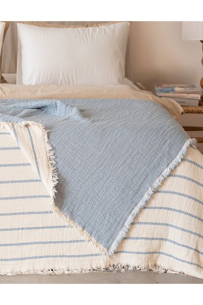 Lux Touch Alaçatı Baby Blue 100% bumbac muselină cuvertură de pat umplută cu fibre moi, dublă 230x250cm