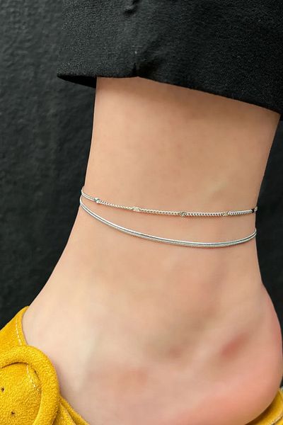 Saint Charmes Silver Color Double Chain Anklet