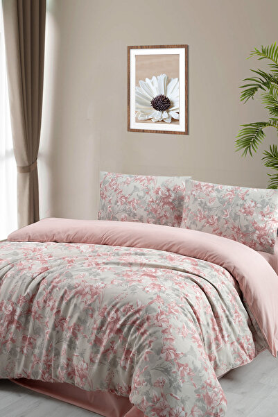 MODALİN Dvojitá bavlněná sada povlečení 4 kusy růžovo-šedá 200x220 - Lily se vzorem květu nevěstina květu, který nebledne