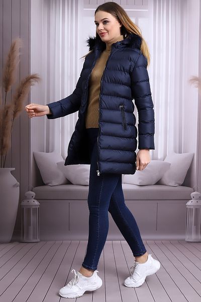 Talsmoda Tals Fashion - Navy Blue Hooded Zip-Up Plush Waterproof and Windproof Coat