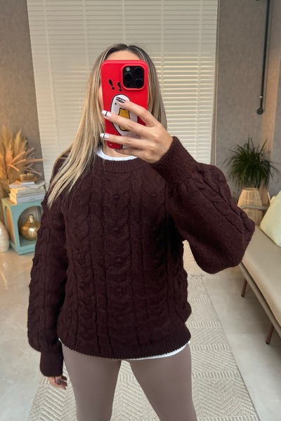 Mucios Kahve Saç Örgülü Kazak