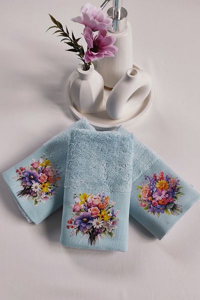 Sevim Baby Blue 3-Piece Kitchen Towel Set - Extra Soft 30X50 cm Flower Garden Hand Towel