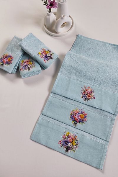 Sevim Baby Blue 3-Piece Kitchen Towel Set - Extra Soft 30X50 cm Flower Garden Hand Towel