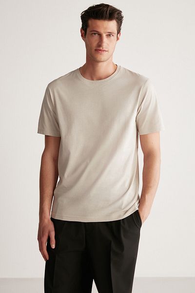 GRIMELANGE Rudy Men's 100% Organic Cotton Breathable Non-Showing Crew Neck Basic Stone Color T-Shirt