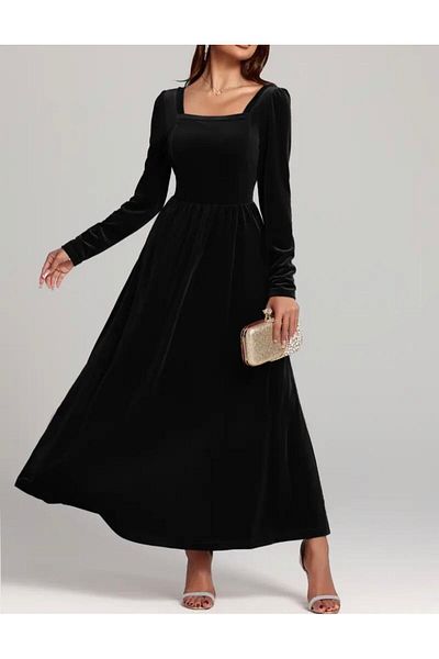 Styling Park Square Neck Midi Length Long Sleeve Back Cutout Velvet Dress