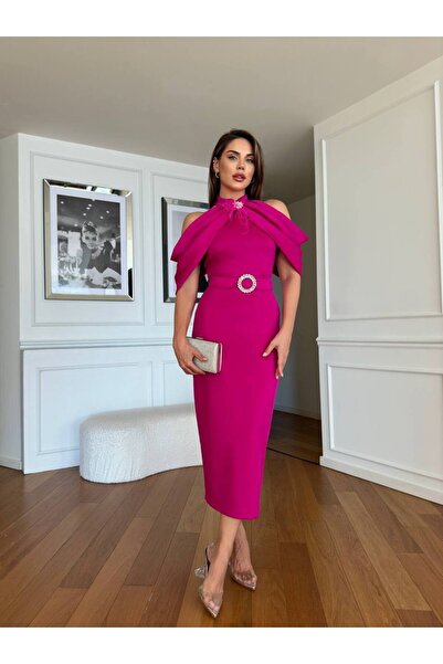 asyadabutik Rochie cu detaliu de piatră cu curea cu gât cu umăr