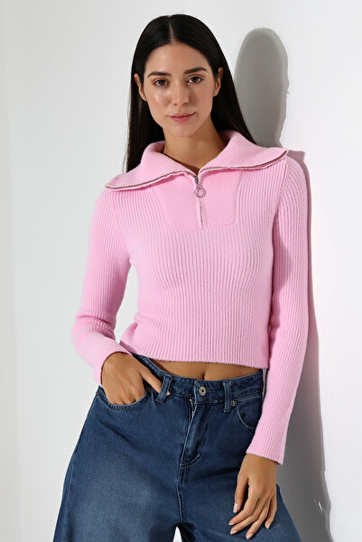 Lavinza Fermuarlı Katlamalı Crop Triko Kazak