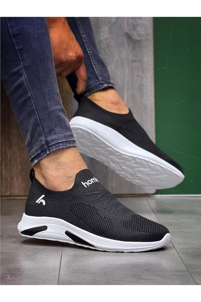 homiro Black and White Laceless Knitwear Sports Shoes