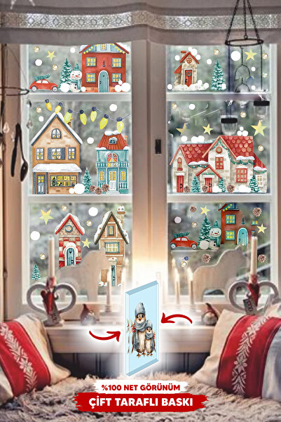 MSticker Çift Taraflı Baskılı Yılbaşı Karlı Şehir Yeni Yıl Çocuk Bebek Odası Sticker Seti, Yılbaşı Süsü