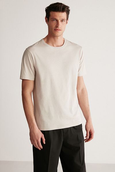 GRIMELANGE Rudy Men's 100% Organic Cotton Breathable Non-Showing Crew Neck Basic Stone Color T-Shirt