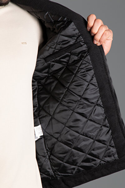 ZEKİ ÖZER Men's Black Textured Collar Coat