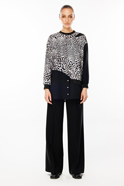 Moda İlgi Modailgi  İnci Süslemeli Leopar Desen Tunik Siyah