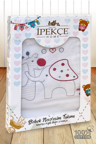 İpekçe Home Pure Baby 100% Cotton Boxed 3 Piece Embroidered Baby Duvet Cover Set