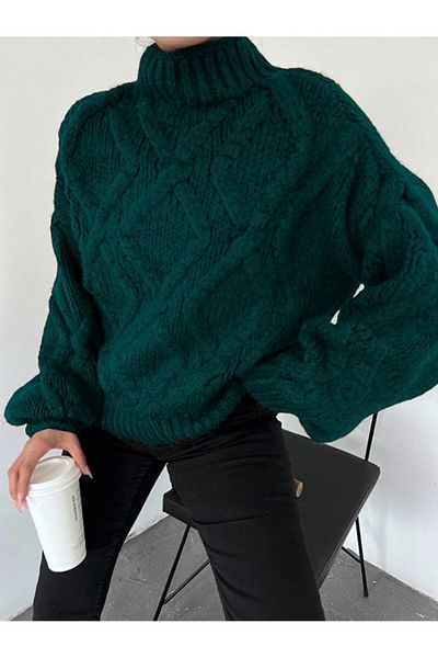 Modamorfo Emerald Balloon Sleeve Half Throat Winter Sweater
