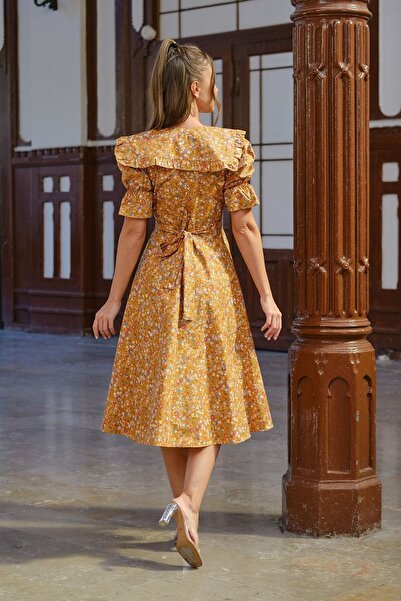 KÜÇÜĞÜM BUTİK Φόρεμα Vintage φορητό γιακά μουστάρδα με λουλουδάτο μανίκι με μπαλόνι