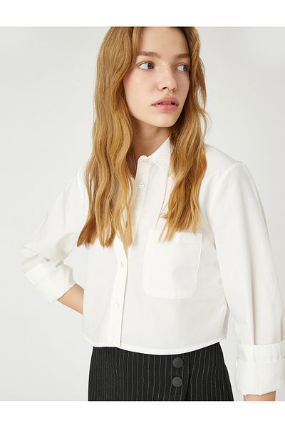 Koton Crop Poplin Shirt Cotton Long Sleeve Cuff Collar Pocket Detailed