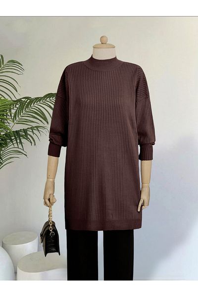 Modamorfo Strick-Tunika mit halbem Ausschnitt und Schlitz – braun