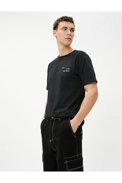 Koton Crew Neck Slogan Printed Cotton T-Shirt