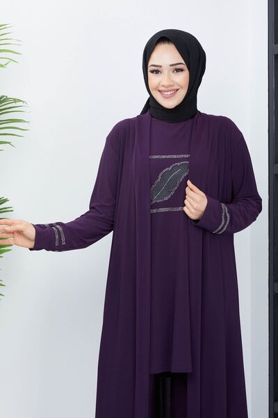 modamira Kadın Mor Sandy 3lü Büyük Beden Atletin Önü Ve Hırkanın Önü Taşlı Üçlü Tesettür Pantolonlu Takım