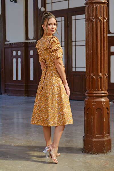 KÜÇÜĞÜM BUTİK Φόρεμα Vintage φορητό γιακά μουστάρδα με λουλουδάτο μανίκι με μπαλόνι