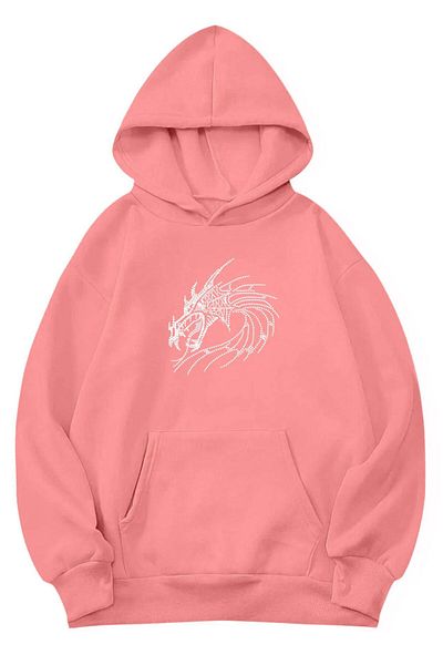 BRZ COLLECTION Ροζ Unisex Oversize Dragon Crystal Stone εμπριμέ κουκούλα