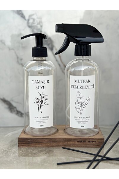 IMKER HOME 2 Gözlü Ahşap Stantlı Şeffaf Plastik Çamaşır Suyu Mutfak Temizleyi...