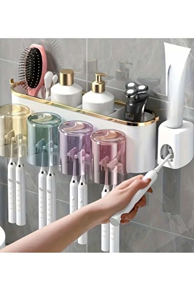 ÇEÇEN HOME Wall Mount Space Saving Toothbrush Holder with Built-In Cup - No Punching Required,