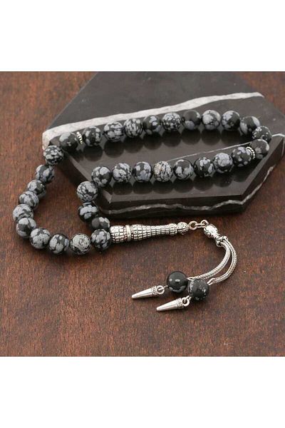 Skygo Natural Metal Tasseled Obsidian Stone Rosary