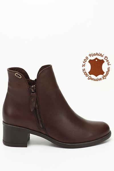 GÖNDERİ(R) Women/Girls Brown Antique Double Zippered Thick Heeled Genuine Leather Boots