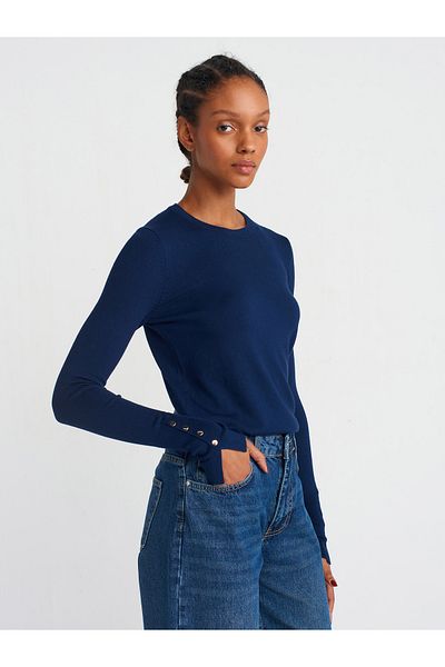 Dilvin 1267 Crew Neck Sweater with Middle Sleeve Drop-Navy Blue