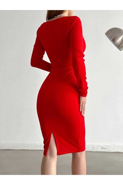 Trendusfashion Square Neck Slit Detail Long Sleeve Midi Length Dress