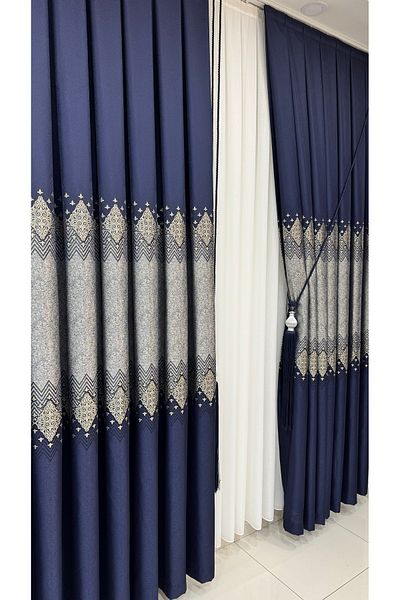 Fon Dünyası Navy Blue Silver Damaksli Single Wing Panel Background Curtain
