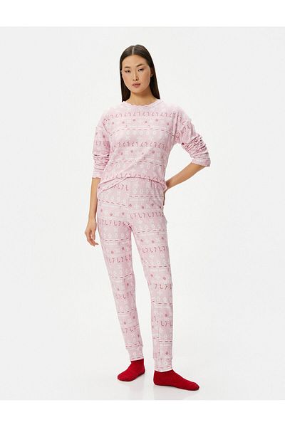 Koton New Year's Themed Pajama Set Long Sleeve Crew Neck